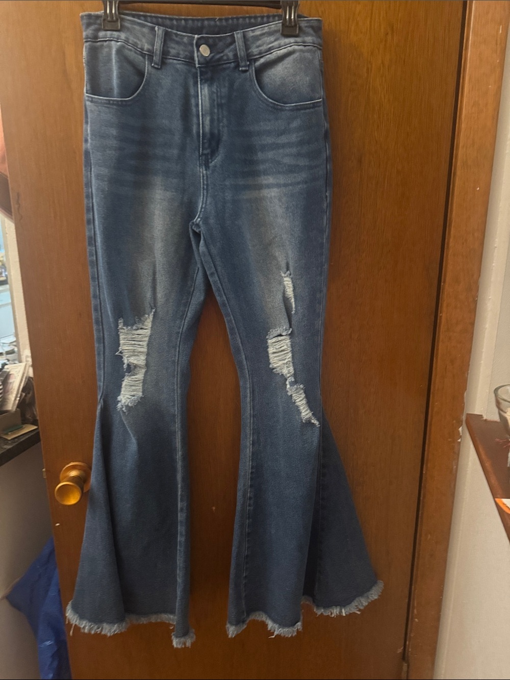 Distressed Dark Blue Flare Jeans for Women